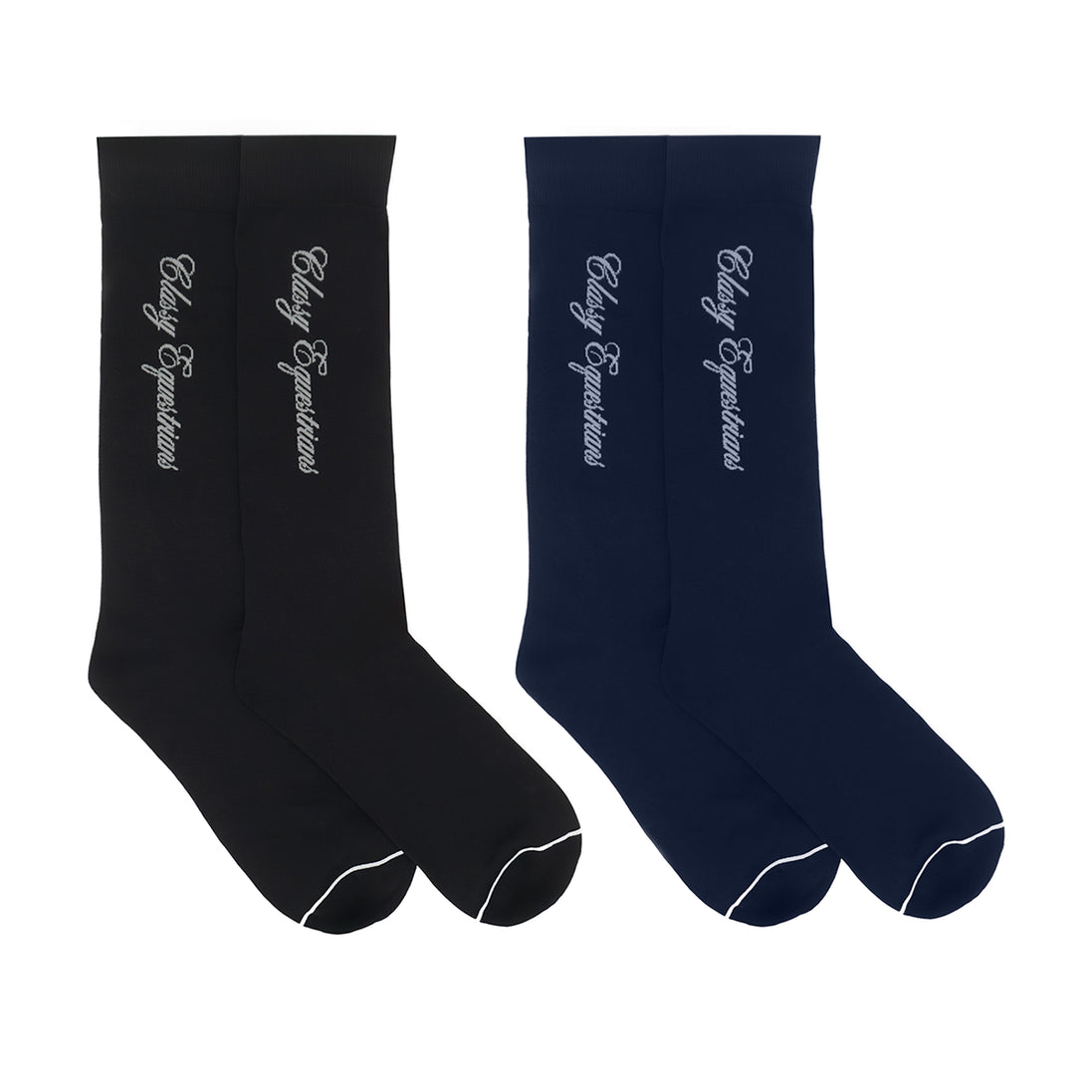 Two pairs of horse riding socks, one black and one navy blue, with Classy Equestrians branding.

Jahalne Nogavice, dva para, črne in modre