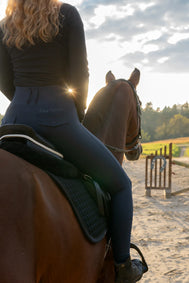 Person riding a horse on a dirt path with a scenic background